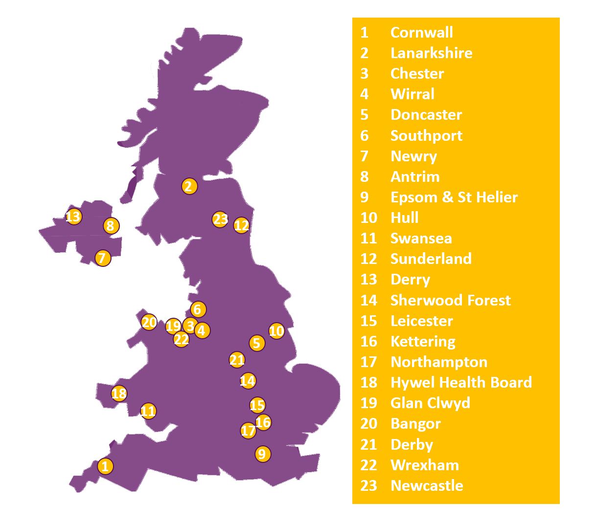 Map of the 23 renal units and pathology laboratories using Assist-CKD